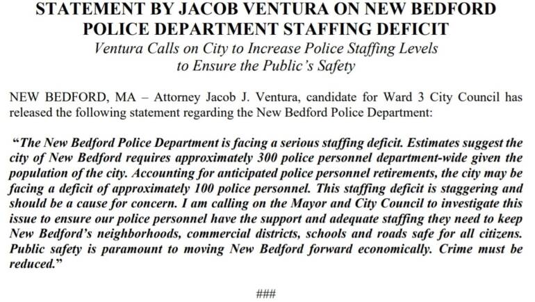 JACOB VENTURA ON POLICE DEPARTMENT STAFFING DEFICIT